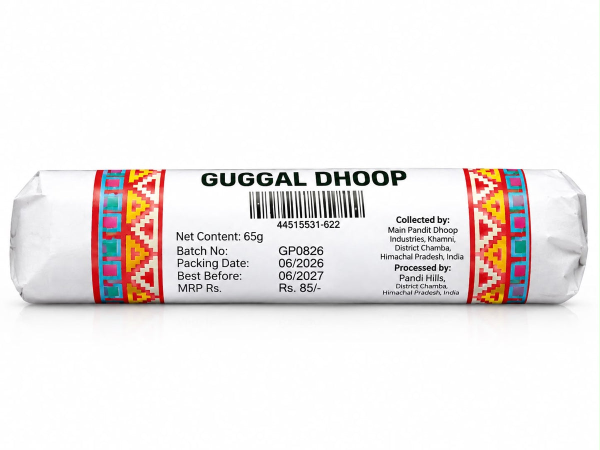 Pangi Hills Guggal Dhoop 65gm back label and MRP