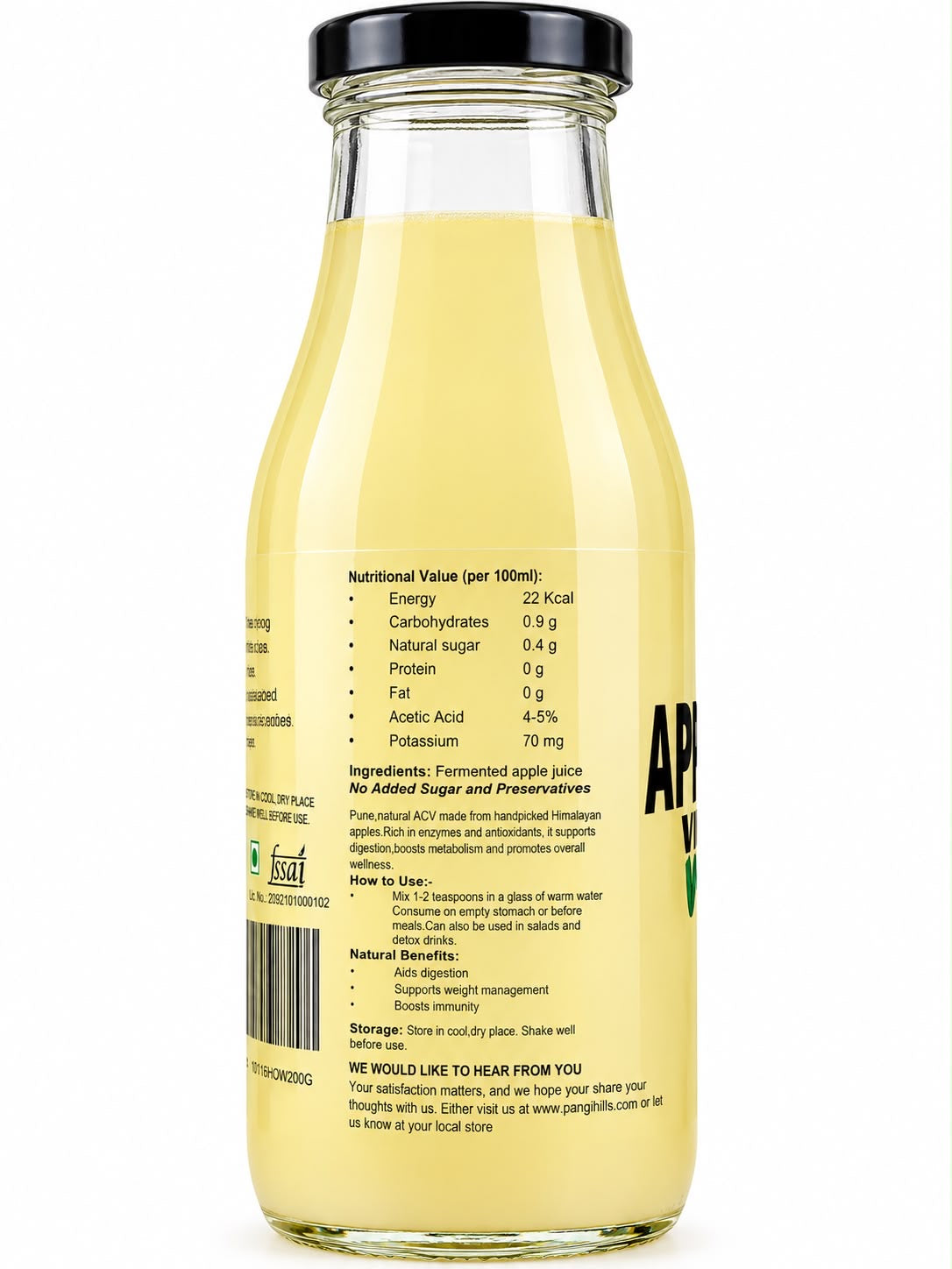 Pangi Hills Apple Cider Vinegar 300ml nutrition and usage label