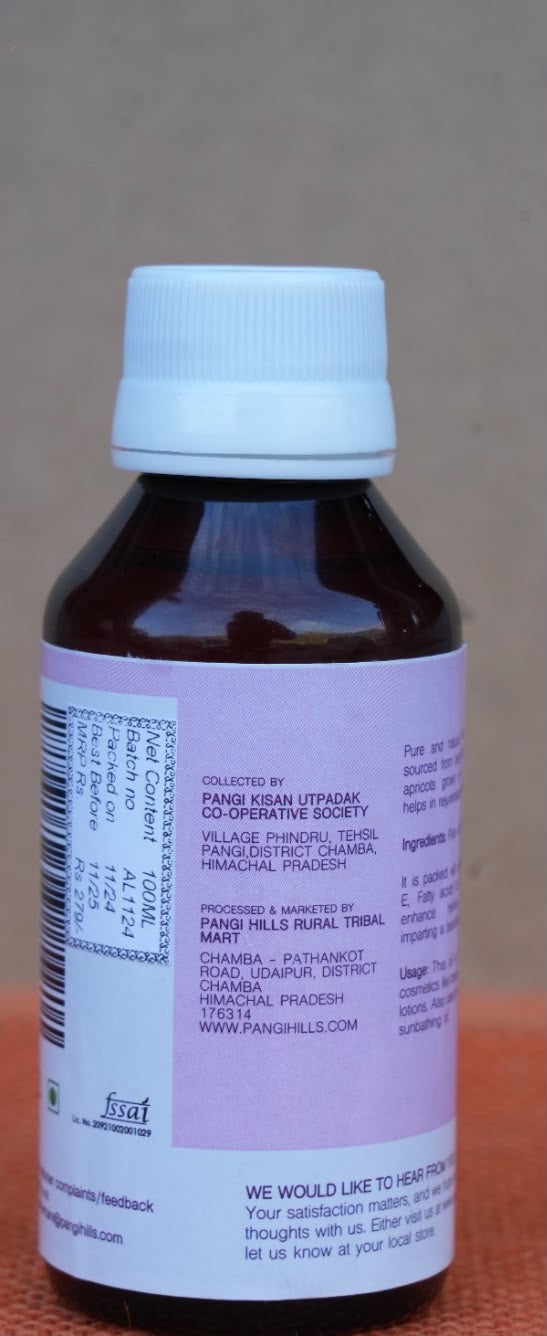 Pangi Hills Apricot Oil 100ml package and MRP label details