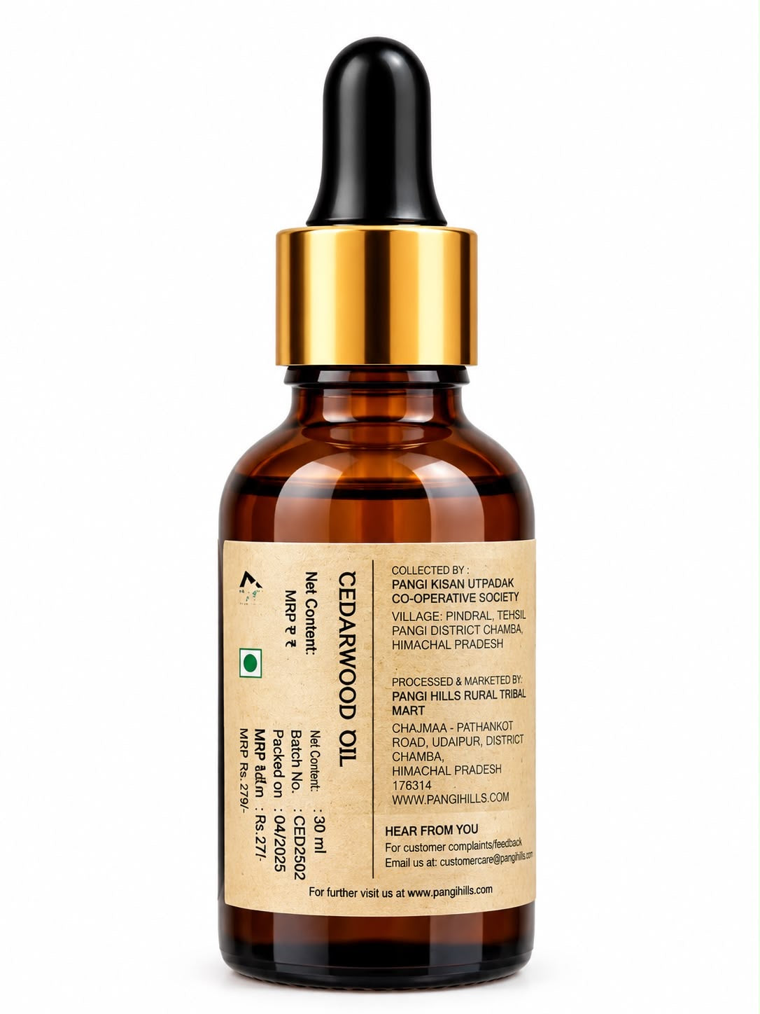 Pangi Hills Cedarwood Oil 30ml package and MRP details