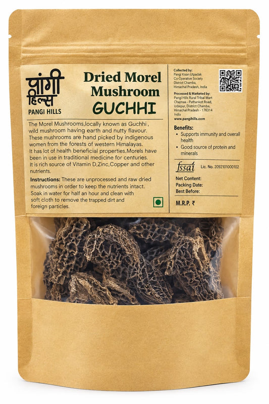 Pangi Hills Guchhi dried morel mushrooms 25gm pouch front