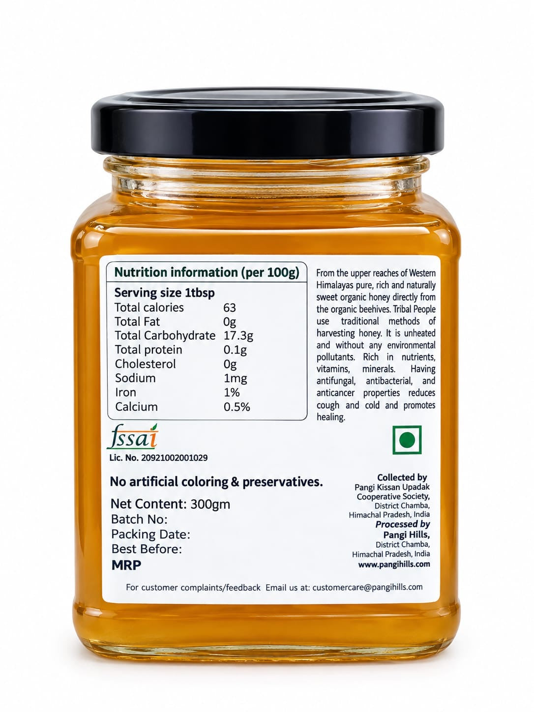 Pangi Hills Red Honey 300gm back label and nutrition information